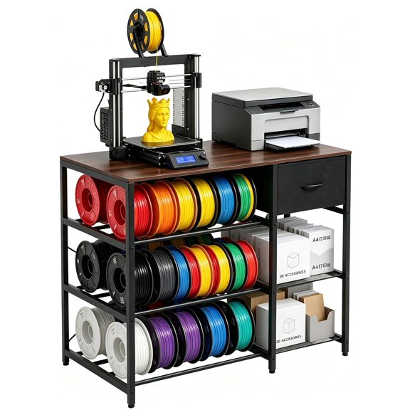 3-Tier 3D Printer Stand with Power Outlet & Filament Storage,Brown Heavy Duty 3D Printer Table with Drawer, 3D Printing Workstation Organizer for Workshop, Studio and Office