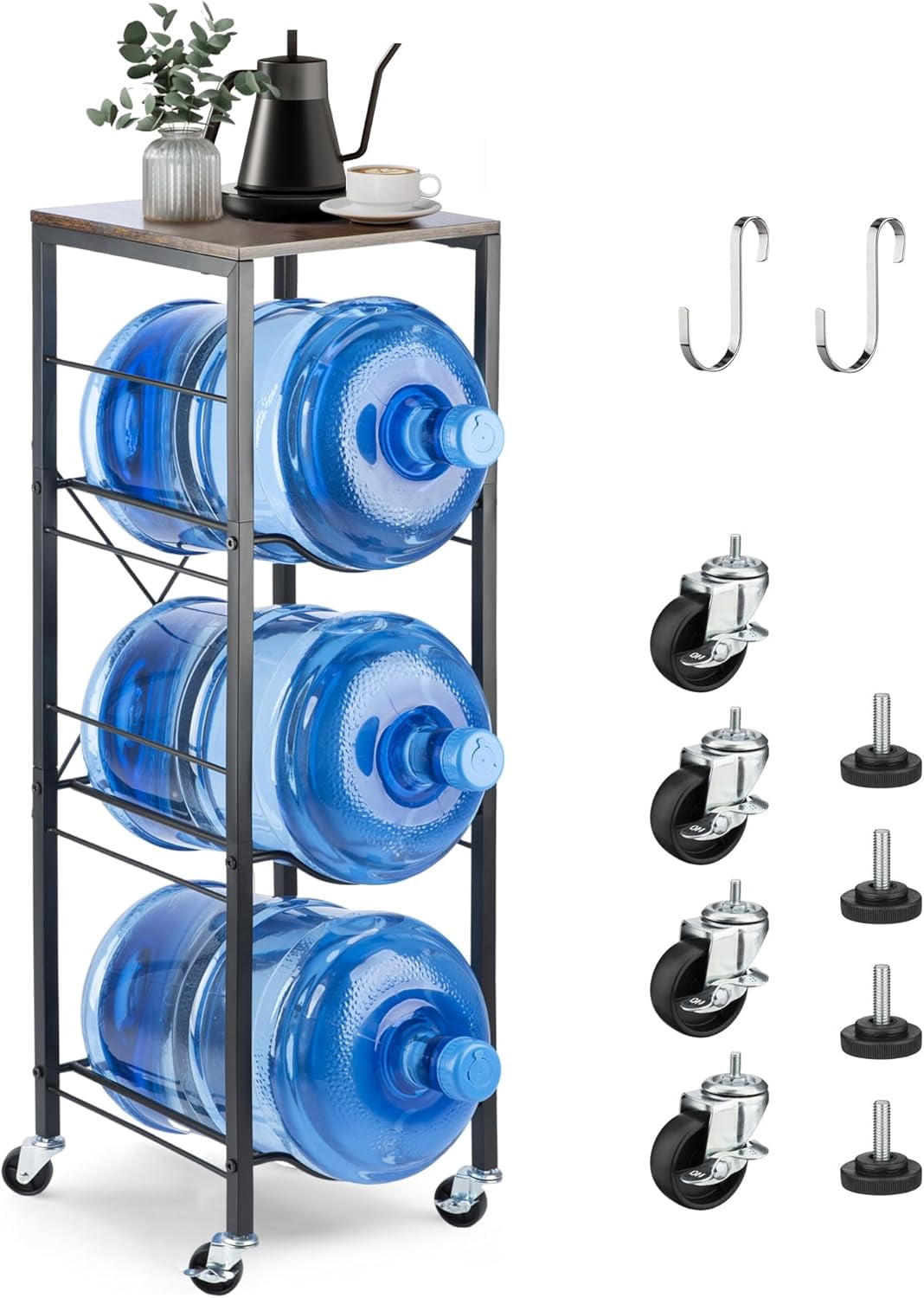 3-Tier 5 Gallon Water Bottle Holder with Lockable Casters, Heavy Duty ...
