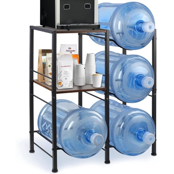 3 Tier 5 Gallon Water Jug Holder with Extended Wood Tabletop Shelf 4 Slots Water Bottle Storage Rack and Water Dispenser Stand for Home Office Garage Black