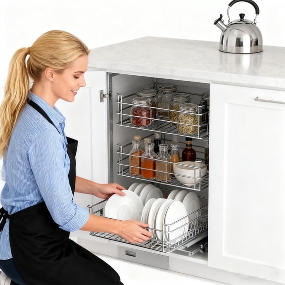 3 Tier 6 Shelf Blind Corner Pull Out Organizer,For Cabinets With Grid Design, Stainless Steel Kitchen Storage Organization, 103 Lbs Under Cabinet Organizer With Metal Glide Slot