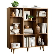 CHITOOMA Wood Bookcase with 3 Adjustable Shelves, 3-Tier 9-Cube Storage Organizer Bookshelf with Solid Legs for Home Office or Living Room, Brown