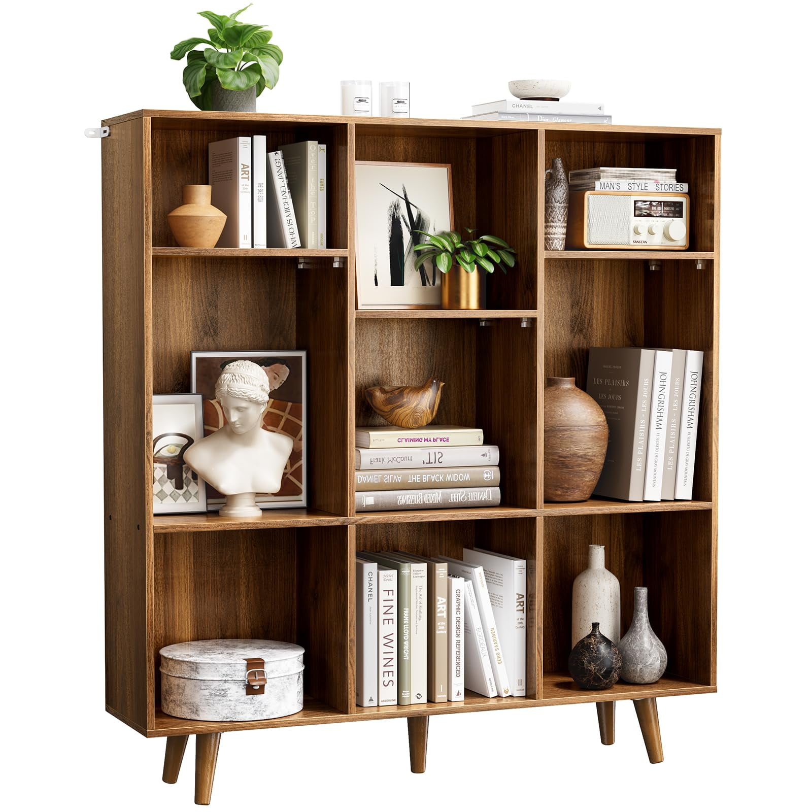 Wooden 3 Tier 9 Cube Storage Organizer, Adjustable Bookcase Bookshelf