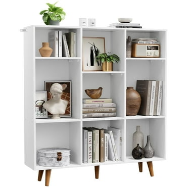 3-Tier 9-Cube Storage Organizer Bookshelf, Wood Bookcase with 3 Adjustable Shelves and Solid Legs for Home Office or Living Room, White