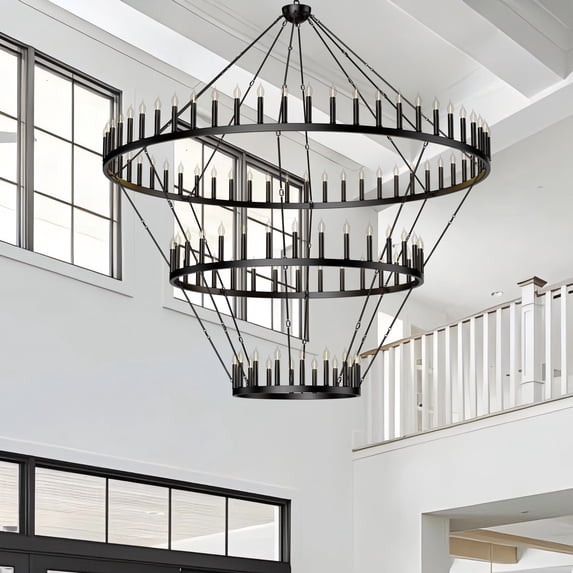 3-Tier 96-Lights Extra Large Wagon Wheel Chandelier, Black Farmhouse Pendant Light for High Ceiling, Rustic Round Hanging Chandelier for Dining Room, Kitchen Island, Foyer, Entryway