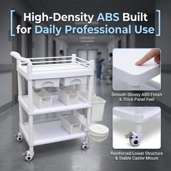 3 Tier ABS Commercial Rolling Utility Cart, Multi-use Serving Trolley with Side Hanging Buckets, Large Capacity Lockable Wheels Cart for Catering & Wedding Events
