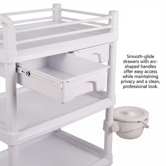 3 Tier ABS Dental Medical Utility Cart, Rolling Esthetician Cart with 2 Drawers Side Tool Bucket, White Mobile Trolley for Beauty Salon & Dental Clinic