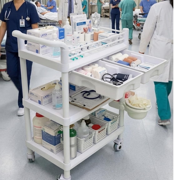 3 Tier ABS Heavy Duty Medical Rolling Cart, 110 lbs Load Utility Trolley with Tool-Free Assembly, 2 Drawers Mobile Cart for Hospital Ward