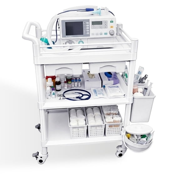 3 Tier ABS Mobile Medical Utility Cart, Hospital Rolling Lab Cart with 2 Drawers Silent Lockable Wheels, White Easy-Clean Trolley for Clinic & Laboratory
