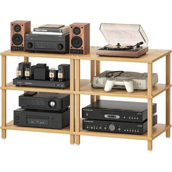 3-Tier AV Media Player Stand Set of 2, Natural Stereo Cabinet, Wooden TV Stand,Game Console Shelf, Multifunctional Entertainment Center, Suitable for Home, Conference Room, Game Studio