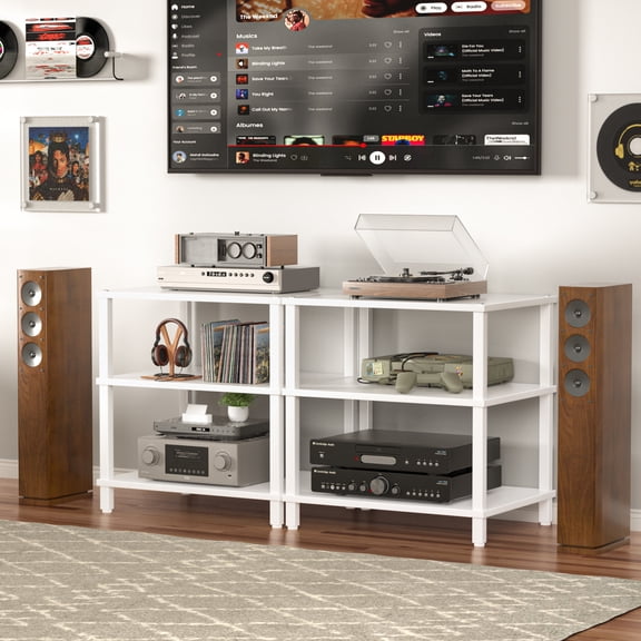 3-Tier AV Media Player Stand,Wooden TV Stand Shelf Set of 2, White Stereo Stand Cabinet for Small Space, Audio Rack Stand Tower Ideal for Video GameDVD Players