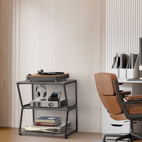 3Tier AV Media Stand, Corner Shelves for Record Player, Stereo Cabinet with Metal Frame for DVD Players, Game Consoles, Router  Gray