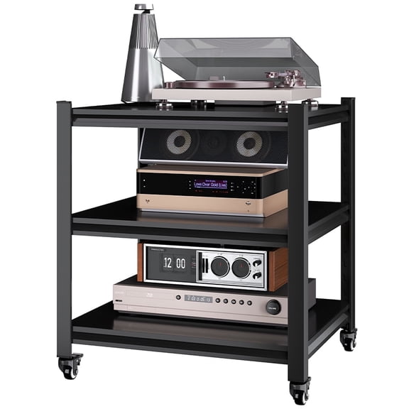 3-Tier AV Media Stand with Wheels, Adjustable Shelving Mobile Audio Rack Tower Stereo Cabinet for Record Player, Gaming Consoles, Sturdy Steel Frame Storage Shelf, 23.6"H x 21.3"W x 18.9"D Black