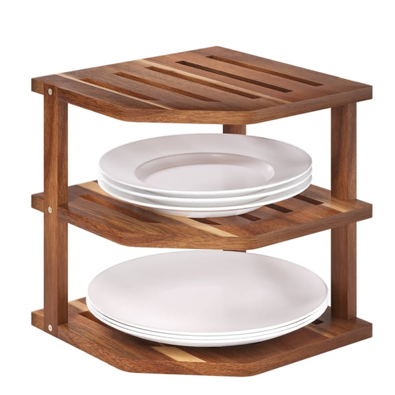 3 Tier Acacia Wood Corner Shelf,Dish Drying Rack,Plate Organizer ,Kitchen Spice Rack for Countertop and Cabinet,Pantry Organization and Storage