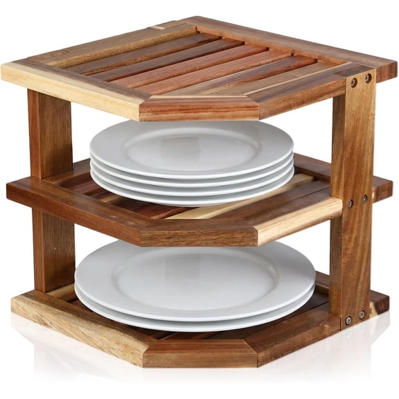 3 Tier Acacia Wood Corner Shelf Organizer for Kitchen Counter & Cabinet, Solid Wood Corner Rack Space Organizer for Plates, Dishes, Bowls, Cups, Pantry Storage, 9.5" x 10", Hardware Included