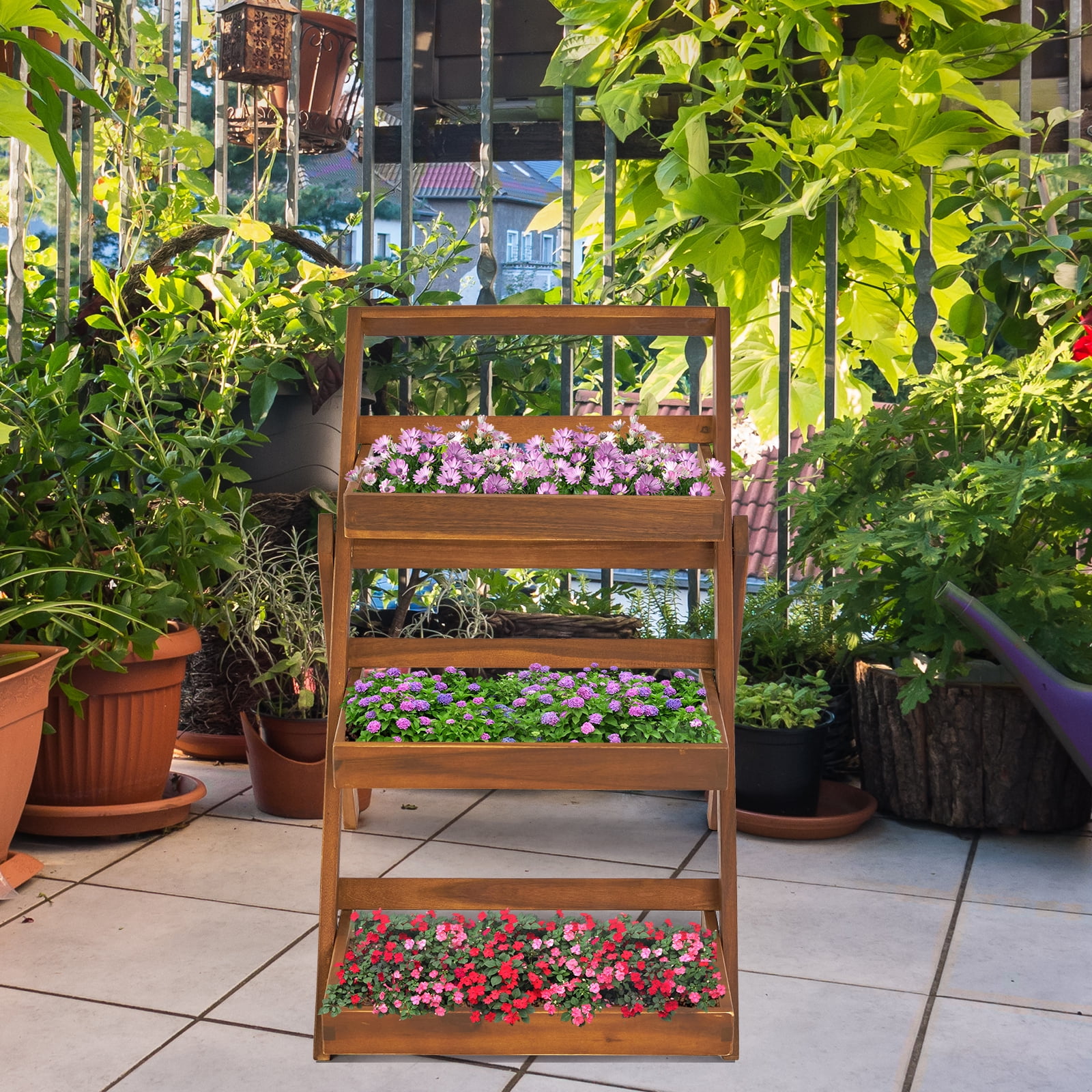 3-Tier Acacia Wood Plant Stand, Foldable Compact Indoor/Outdoor Display ...