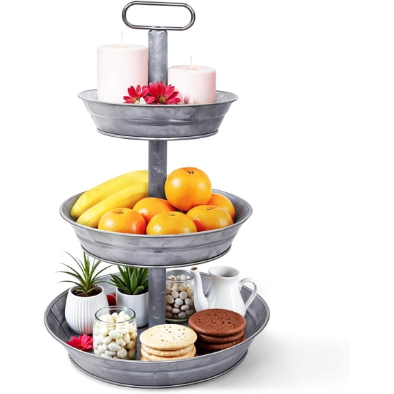 3 Tier Acid Pickling Galvanized Metal Round Serving Stand with Slanted Sides
