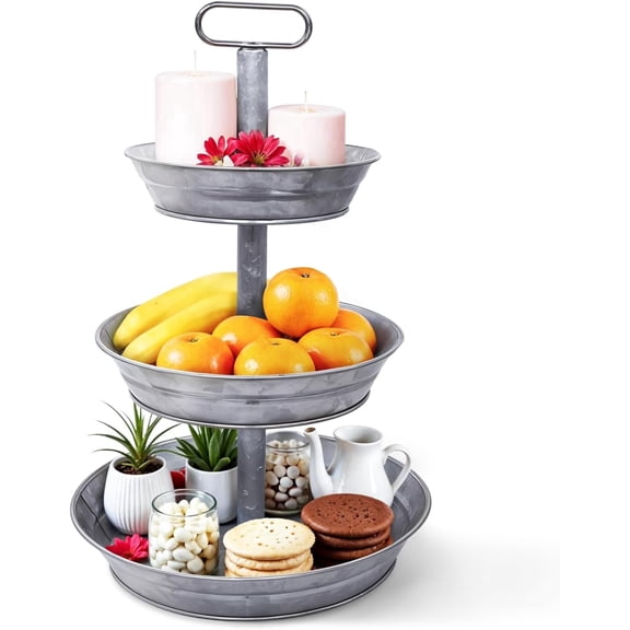 3 Tier Acid Pickling Galvanized Metal Round Serving Stand with Slanted Sides