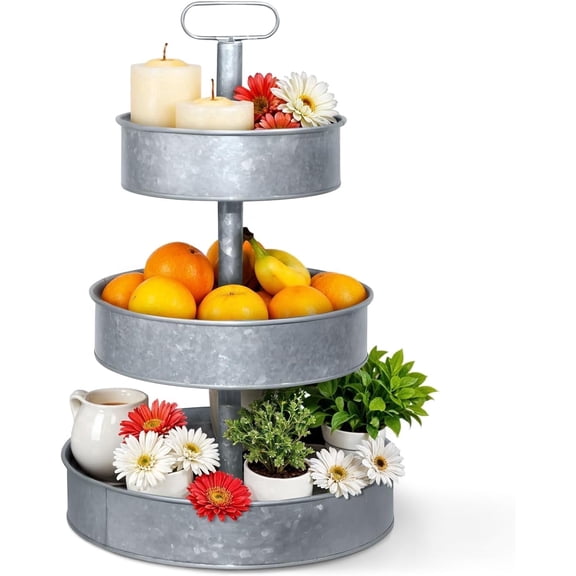 3 Tier Acid Pickling Galvanized Metal Round Serving Stand
