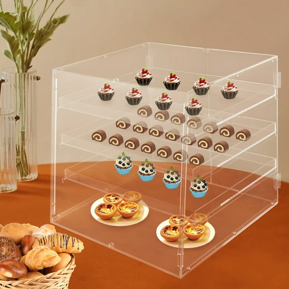 3-Tier Acrylic Bakery Display Case with Modern Design, Stainless Steel Screws, and Safety Magnetic Lock for Fresh Bread and Pastries