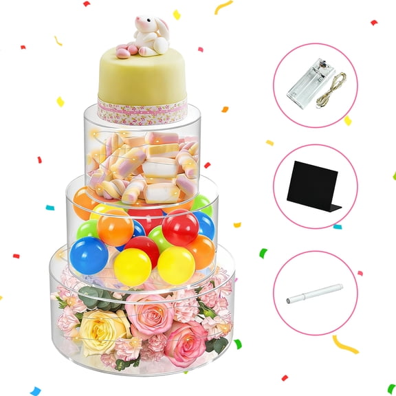 3 Tier Acrylic Cake Stand Set with Lids, Round Dessert Display Boxes with LED Lights, Stackable Clear Cake Display for Wedding Party Cupcake Dessert Table (6 in, 8 in, 10 in)