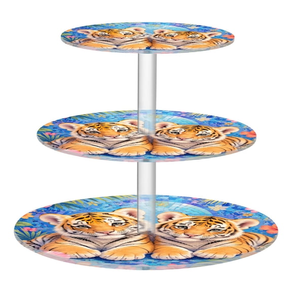 3 Tier Acrylic Cupcake Stand Baby Tiger Tropical Graphic Dessert Display Tower for Birthday Wedding Party