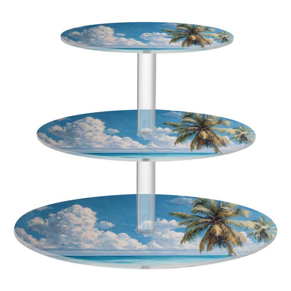 3 Tier Acrylic Cupcake Stand Beach Scene with Palm Trees Dessert Display Tower for Birthday Wedding Party