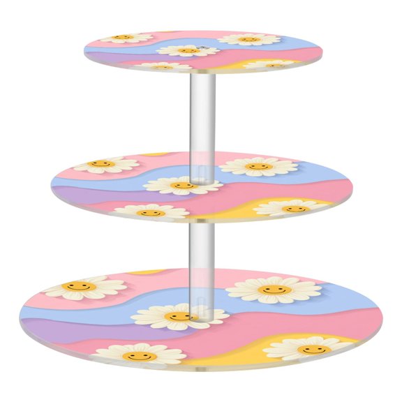 3 Tier Acrylic Cupcake Stand Cute Adorable Smiling Daisies Dessert Display Tower for Birthday Wedding Party