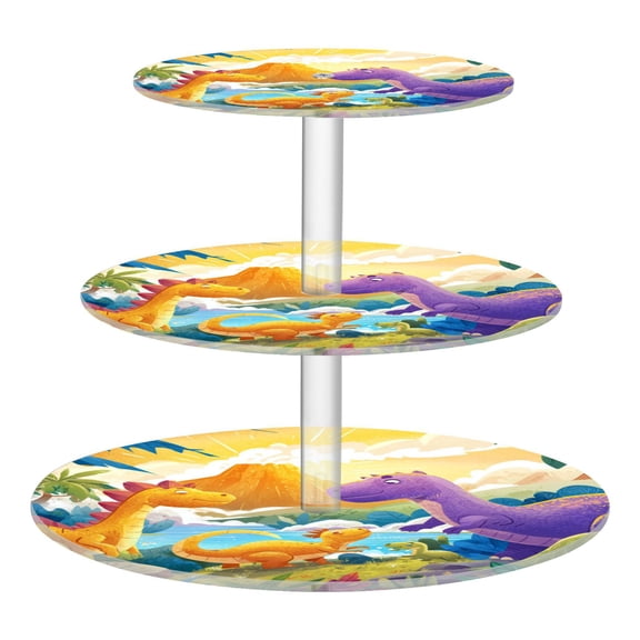 3 Tier Acrylic Cupcake Stand Cute Dinosaur Volcano Scene Dessert Display Tower for Birthday Wedding Party