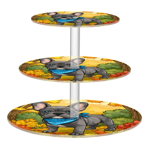 3 Tier Acrylic Cupcake Stand Cute Gray French Bulldog Dessert Display Tower for Birthday Wedding Party