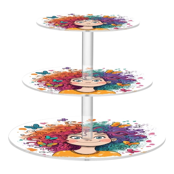 3 Tier Acrylic Cupcake Stand Happy Girl with Colorful Hair Dessert Display Tower for Birthday Wedding Party