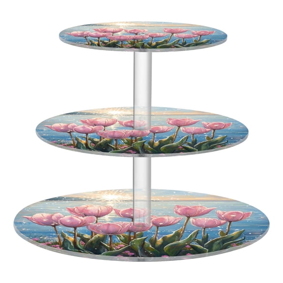 3 Tier Acrylic Cupcake Stand Lakeside Dawn Pink Tulips Dessert Display Tower for Birthday Wedding Party
