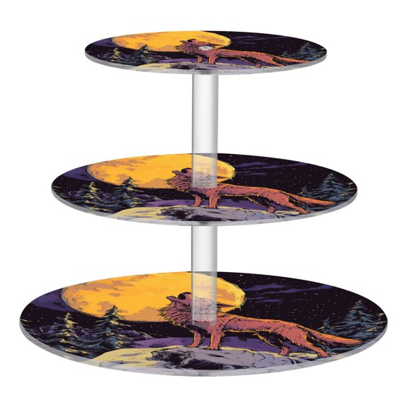 3 Tier Acrylic Cupcake Stand Majestic Howling Wolf Illustration Dessert Display Tower for Birthday Wedding Party