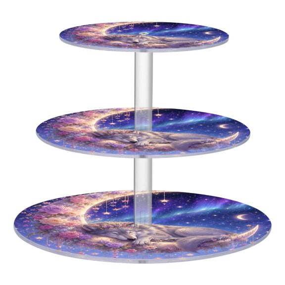 3 Tier Acrylic Cupcake Stand Night Sky Wolf Pattern Dessert Display Tower for Birthday Wedding Party