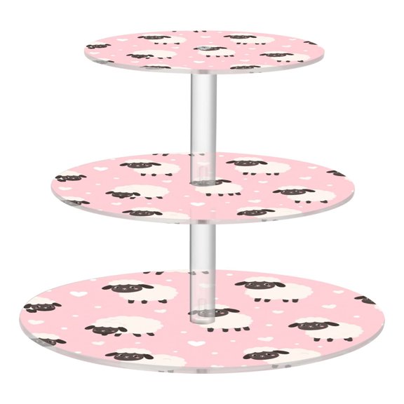 3 Tier Acrylic Cupcake Stand Pink Fluffy Sheep Pattern Dessert Display Tower for Birthday Wedding Party