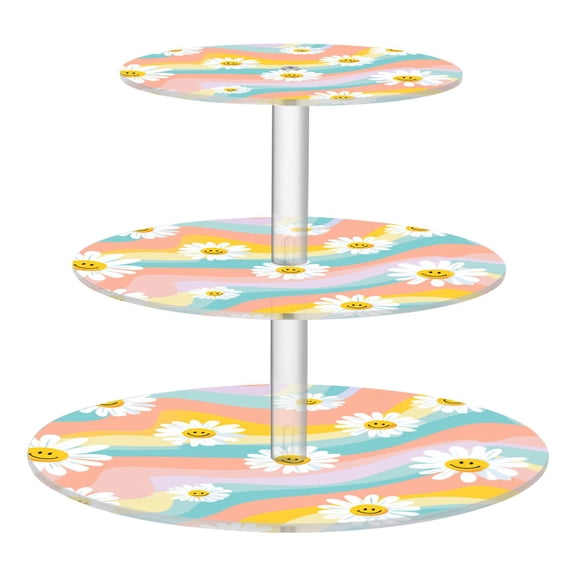 3 Tier Acrylic Cupcake Stand Smiling Daisies with Rainbow Dessert Display Tower for Birthday Wedding Party
