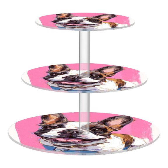 3 Tier Acrylic Cupcake Stand Smiling French Bulldog Painting Dessert Display Tower for Birthday Wedding Party