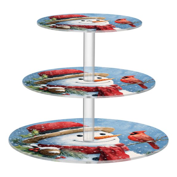 3 Tier Acrylic Cupcake Stand Snowman with Red Cardinal Bird Dessert Display Tower for Birthday Wedding Party