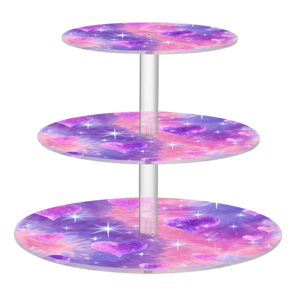 3 Tier Acrylic Cupcake Stand Sparkle Purple Pink Heart Print Dessert Display Tower for Birthday Wedding Party
