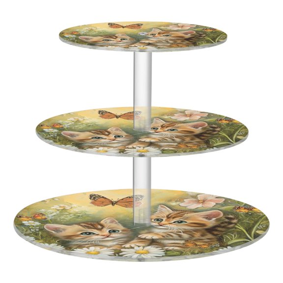 3 Tier Acrylic Cupcake Stand Spring Meadow Tabby Kittens Dessert Display Tower for Birthday Wedding Party