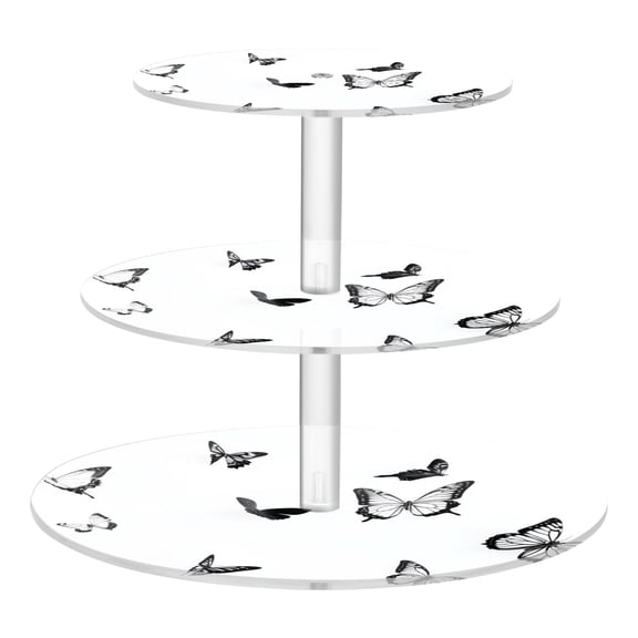 3-Tier Acrylic Cupcake Stand Sturdy Dessert Display Cupcake Tower Cupcake Holder for Party Wedding Outdoor Picnic Black and White Butterflies Pattern
