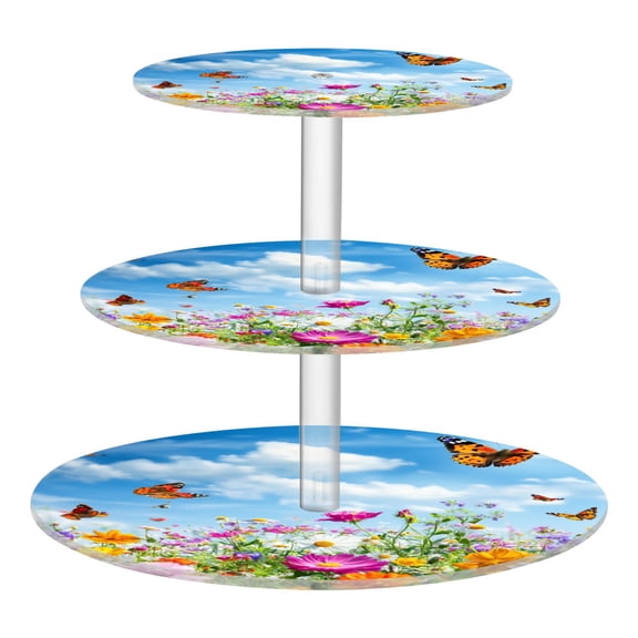 3-Tier Acrylic Cupcake Stand Sturdy Dessert Display Cupcake Tower Cupcake Holder for Party Wedding Outdoor Picnic Colorful Wildflowers Butterflies