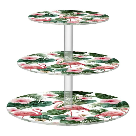 3-Tier Acrylic Cupcake Stand Sturdy Dessert Display Cupcake Tower Cupcake Holder for Party Wedding Outdoor Picnic Flamingo and Tropical Leaves