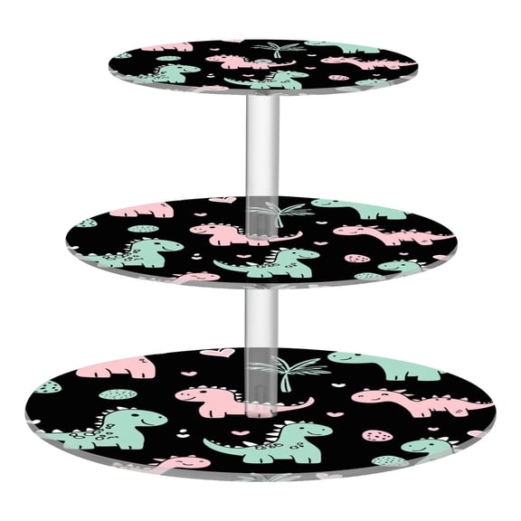 3-Tier Acrylic Cupcake Stand Sturdy Dessert Display Cupcake Tower Cupcake Holder for Party Wedding Outdoor Picnic Pink and Green Dinosaurs