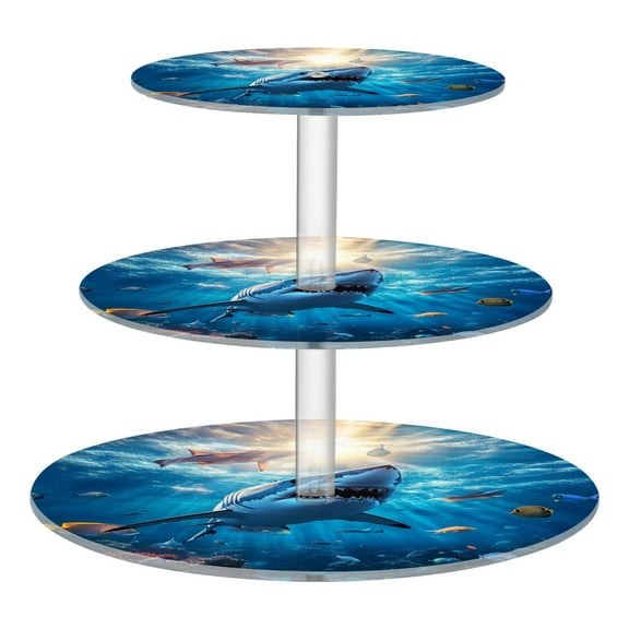 3-Tier Acrylic Cupcake Stand Sturdy Dessert Display Cupcake Tower Cupcake Holder for Party Wedding Outdoor Picnic Shark Swimming in The Ocean