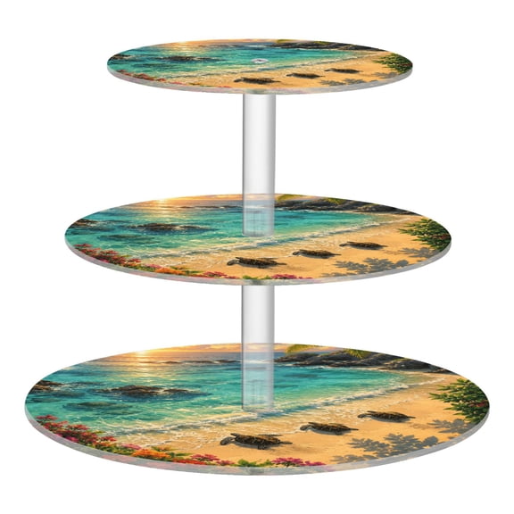 3 Tier Acrylic Cupcake Stand Tropical Shore Sunset Turtles Dessert Display Tower for Birthday Wedding Party