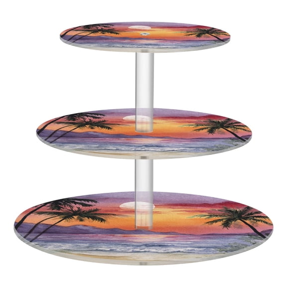 3 Tier Acrylic Cupcake Stand Tropical Sunset Beach Print Dessert Display Tower for Birthday Wedding Party