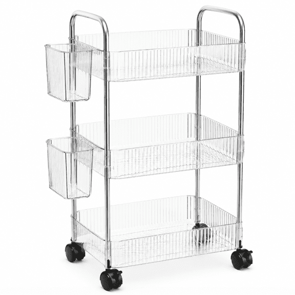3 Tier Acrylic Rolling Cart With Wheels, Clear Storage Organizer Trolley With Hanging Basket, Multi Purpose Utility Cart For Bathroom Kitchen Bedroom Office
