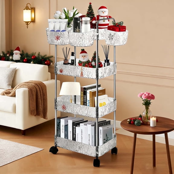 YEEZEE 4-Tier Rolling Storage Cart with Wheels, Acrylic Thickened, Adjustable Tier & 4 Hanging Cups, Lockable Wheels for Home Salon Office