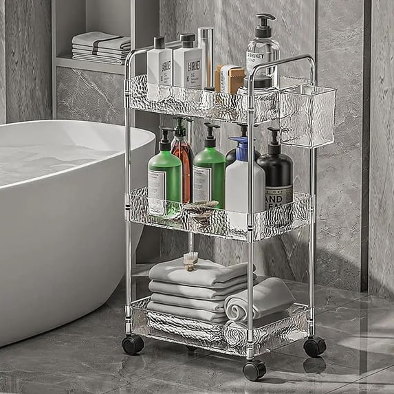 3-Tier Acrylic Storage Rolling Cart Clear Bathroom Cart Organizer, Transparency Laundry Room Organization Mobile Shelving Unit Multifunction Rolling Utility Cart for Office Living Room