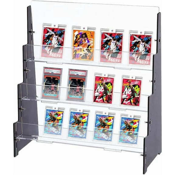 3-Tier Acrylic Trading Card Display Stand Greeting Card Holder Portable Display Rack Black Sports Cards Organizer for Trade Shows Vendors Retail Counter Black DIY